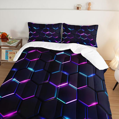 Hexagon Geometric Comforter Honeycomb Bedding Sets,Gradient Neon Gamer Comforter Sets for Boys Kids Teens Room Decor,Twin Size Bedding Comforter Sets with 2 Pillowcases.