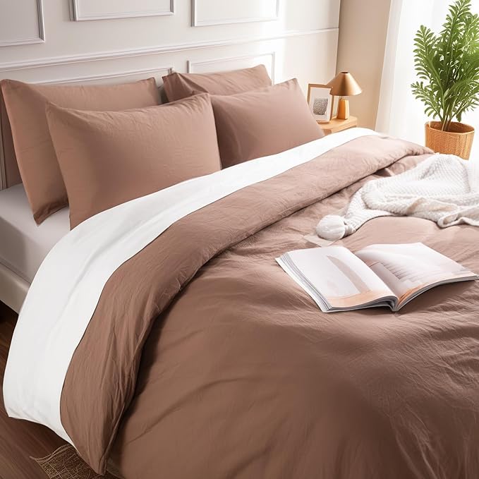 NEXHOME PRO Duvet Cover Set 100% Washed Cotton Oversized Queen 98"x98", Organic Natural Linen Look Textured 3 Pieces Bedding Set Mocha with Zipper Closure, Soft (No Comforter)