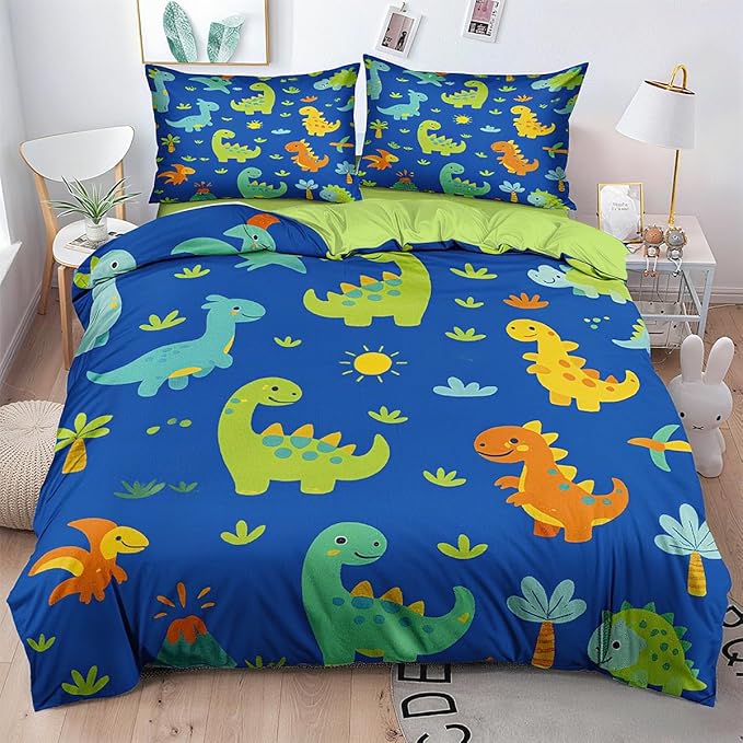 Dinosaur Duvet Cover Sets King Size for Kids Boys Girls Teens, Cartoon Blue Green Comforter Cover,1 Duvet Cover 79x90 Inches and 2 Pillowcases 20x26 Inches (King,No Comforter)