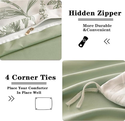 Floral Duvet Cover Full Size Sage Green Botanical Duvet Cover Set 3 Pcs for Kids Boys Girls Spring Garden Aesthetic Leaves Soft Breathable Bedding Set with 2 Pillowcases