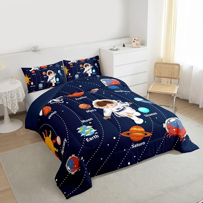 Feelyou Solar System Comforter Set Full Size Outer Space Comforter for Kids Teens Adults Universe Planets Bedding Set Cute Astronaut Blue Duvet Set Room Decor 3Pcs with 2 Pillow Case