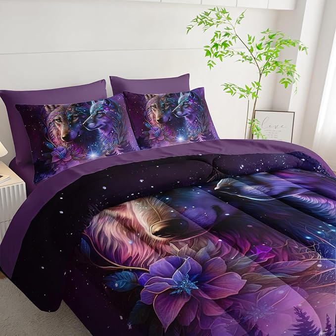 Wolf Comforter Set 7 Piece Twin Size Bed in A Bag,Animal Bedding for Room Decor,Soft Purple Wolf Comforter Rose Bedding with Fitted Sheet,Flat Sheet, Pillowcases & Shams