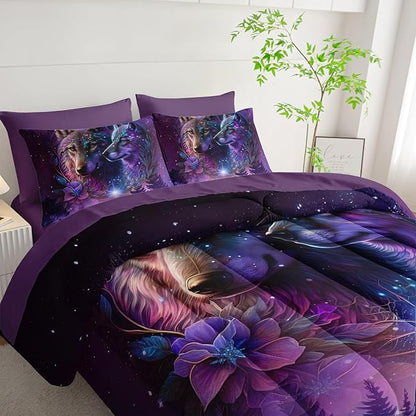 Wolf Comforter Set 7 Piece Twin Size Bed in A Bag,Animal Bedding for Room Decor,Soft Purple Wolf Comforter Rose Bedding with Fitted Sheet,Flat Sheet, Pillowcases & Shams