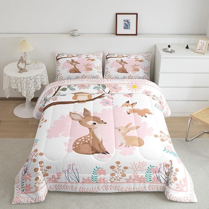jejeloiu Cute Sika Deer Bedding Set Queen Size Pink Flower Comforter Set for Kids Boys Girls Fairytale Theme Duvet Set Kawaii Owl Quilt Set 3Pcs