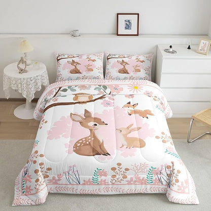 jejeloiu Cute Sika Deer Bedding Set Toddle Size Pink Flower Comforter Set for Kids Boys Girls Fairytale Theme Duvet Set Kawaii Owl Quilt Set 2Pcs