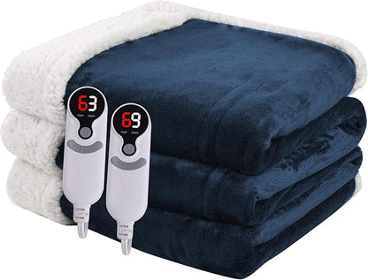 Heated Electric Blanket Queen Size 84''x90'', Dual Controller Soft Flannel with 6 Heat Settings 1-10 Hour Auto Off Large Blanket for Bed - Navy