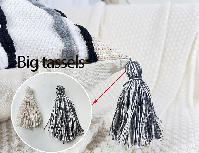 Boho Throw Pillow Covers 16x16 Aesthetic Neutral Boucle Couch Pillow Cover Rainbow Striped Decorative Accent Pillow Case for Couch Bed Sofa Farmhouse Bedroom,Modern Funky,Set of 2 Grey