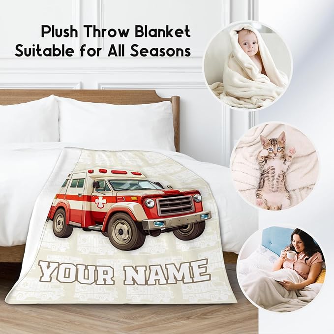 Personalized Ambulance Blanket, Cozy Soft Throw Gifts for Kids, Cute White Flannel Throw Blankets for Couch Sofa, 40x50 Inches