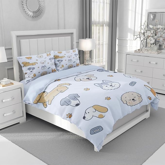 Blue Dog Duvet Cover Sets Queen Size for Kids Boys Girls, Cute Cartoon Comforter Cover with 1 Duvet Cover 69x90 Inches and 1 Pillowcase 20x26 Inches (Queen,No Comforter)