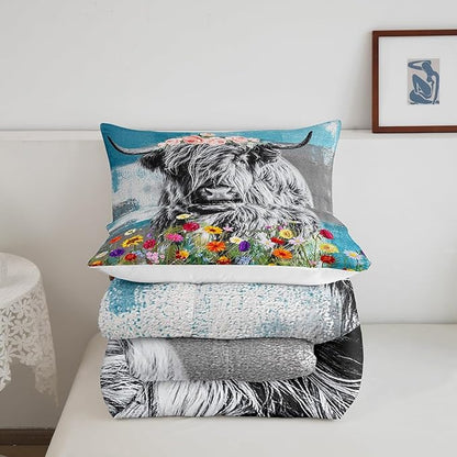 Feelyou Highland Cow Comforter Set Bull Cattle Floral Print Comforter for Kids Girls Teens Decor Cute Animal Wildlife Farmhouse Bedding Set Teal Grey Quilt Set with 2 Pillowcases 3Pcs Bedding Full