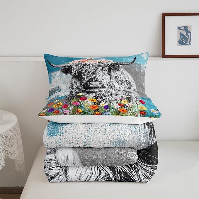 Feelyou Highland Cow Comforter Set Bull Cattle Floral Print Comforter for Kids Girls Teens Decor Cute Animal Wildlife Farmhouse Bedding Set Teal Grey Quilt Set with 1 Pillowcase 2Pcs Bedding Twin