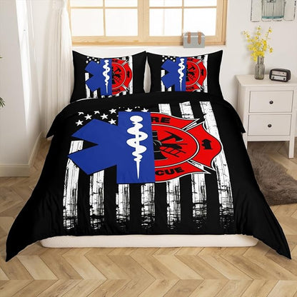 Firefighter EMT Badge Comforter Covet Full Size,Practitioner Fireman Themed Duvet Cover with 2 Pillowcases,3 Piece,Stars Stripes American Flag Polyester Bedding Set for Boys Teens Bedroom Decor