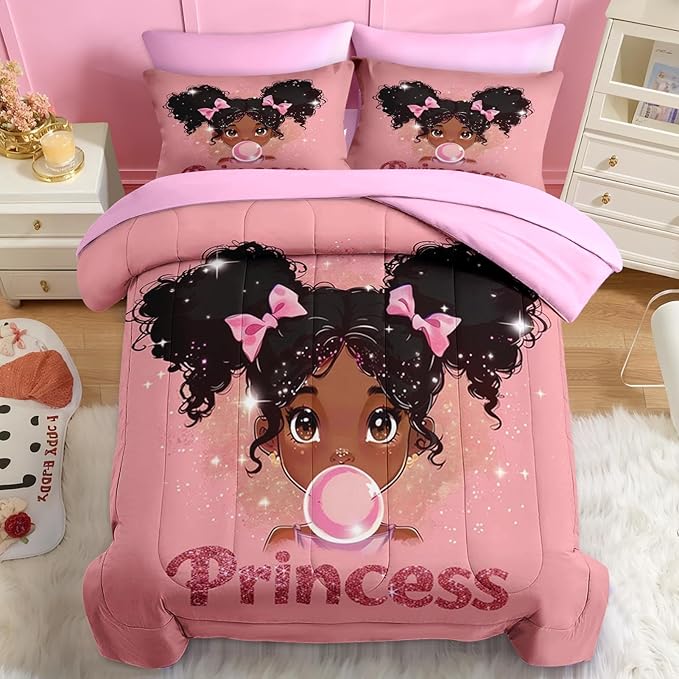 Nesker 5 Pcs Comforter Set Twin Size, African American Princess Bubbles Bedding for Kids Teen, Pink Black Girl Bed Sheet with Pillowcase & Sham