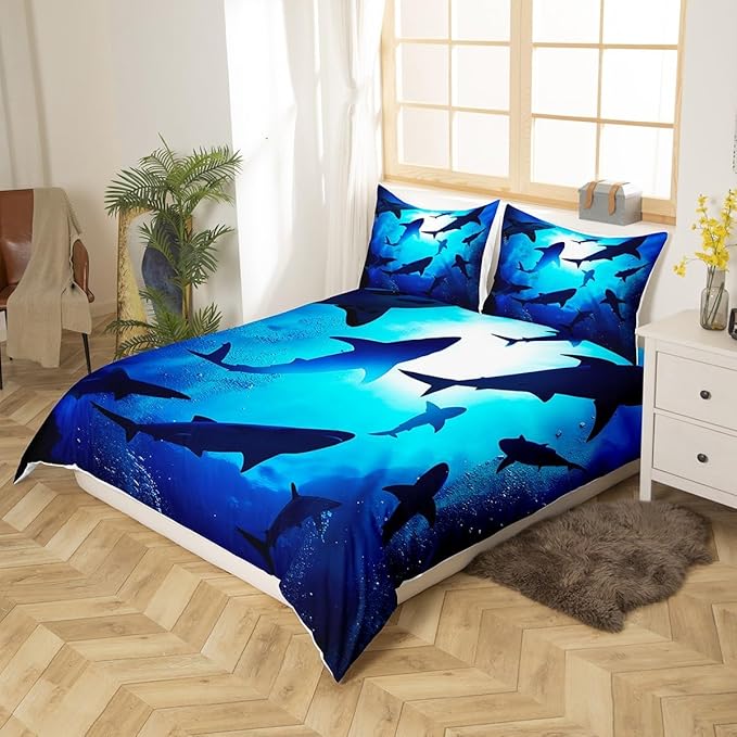 Castle Fairy Shark Dolphin Fish Silhouette Duvet Cover Queen for Children,Blue Deep Ocean Themed Bedding Set Room Decor Gift Comforter Cover,Underwater World Quilt Cover with 2 Pillowcases, 3pcs Soft