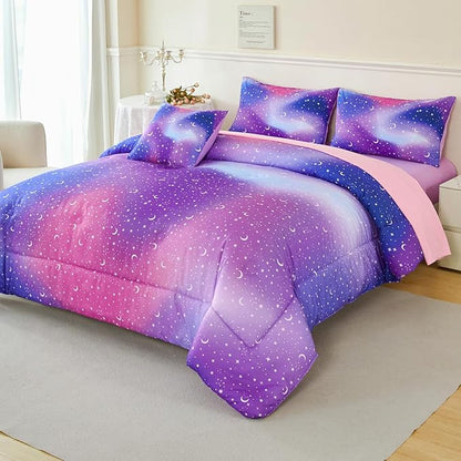 URBONUR 6Pcs Glitter Comforter Set for Girls Queen Size Colorful Gradient Galaxy Bedding Set Kids Teen Comforter Sets Bed in A Bag Queen (Purple Blue)