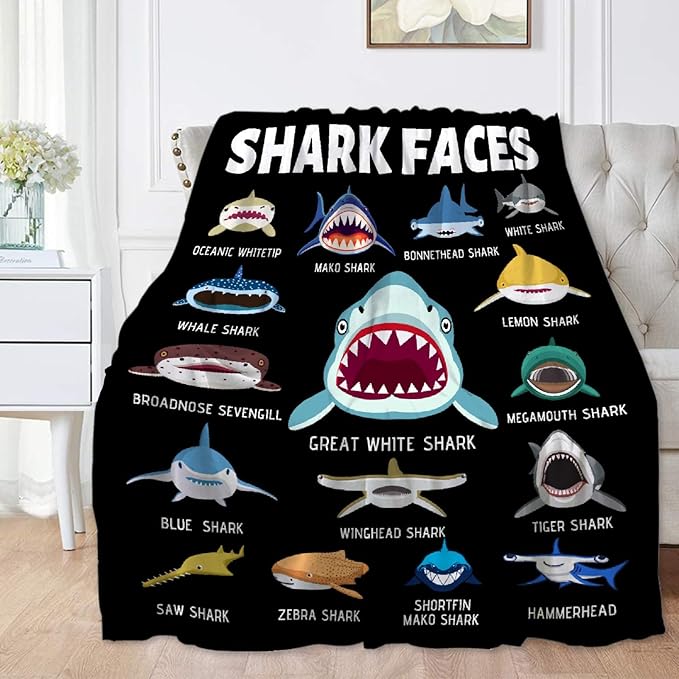 Shark Blanket Gifts for Kids Adult Shark Lovers Shark Faces Blanket Super Soft Warm Fleece Flannel for Travel Beach Sofa Shark Room Decor Christmas Birthday Easter 60"X50"-M