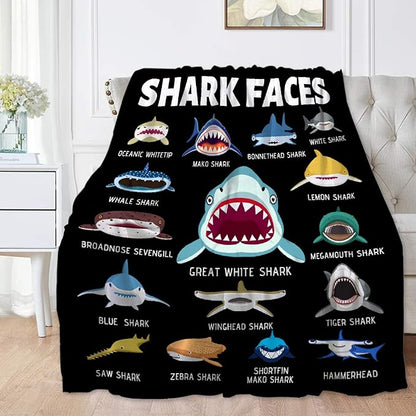 Shark Blanket Gifts for Kids Adult Shark Lovers Shark Faces Blanket Super Soft Warm Fleece Flannel for Travel Beach Sofa Shark Room Decor Christmas Birthday Easter 60"X50"-M