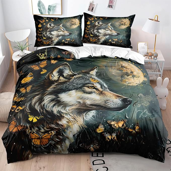 Duvet Cover Twin Wolf Butterflies Pattern Bedding Set for Boys Teens Room Decor 3 Pcs Natural Theme Bed Cover Cooling Comforter Cover Moon Quilts Cover,Twin