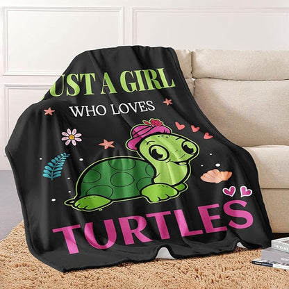 Turtle Lover Blanket, Just A Girl Who Loves Turtles Blanket, Soft Warm Cozy Fleece Throw, Gifts for Girls Women Kids, 60"x80", Black