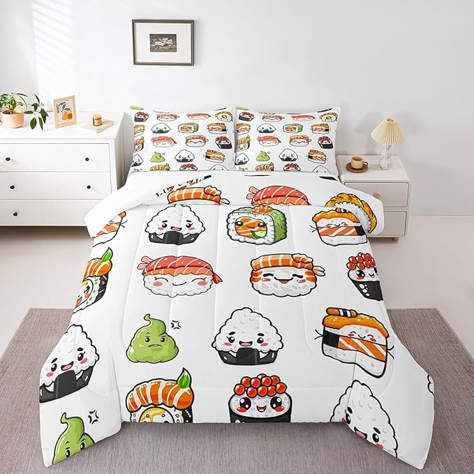 Feelyou Sushi Pattern Comforter Set Japanese-Style Bedding Set for Kids Boys Girls Teens Food Theme Comforter Cute Cartoon Japanese Sushi Duvet Set Room Decor Quilt Set King Size Microfiber