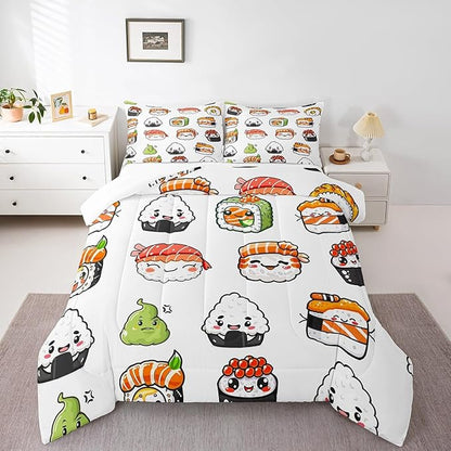 Feelyou Sushi Pattern Comforter Set Japanese-Style Bedding Set for Kids Boys Girls Teens Food Theme Comforter Cute Cartoon Japanese Sushi Duvet Set Room Decor Quilt Set King Size Microfiber