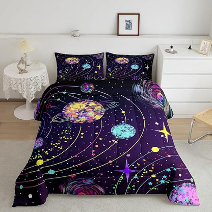 Feelyou Solar System Comforter Set King Size Outer Space Comforter for Kids Teens Adults Universe Planets Bedding Set Cute Astronaut Purple Duvet Set Room Decor 3Pcs with 2 Pillow Case