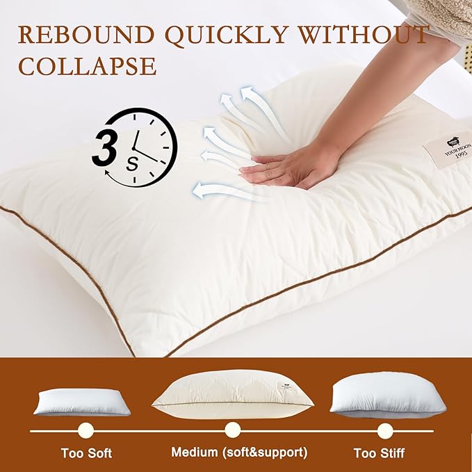 YOUR MOON Organic Wool Pillow Queen Size, Soft Support Bed Pillows for Sleeping, Natural Wool & Down Alternative Filling, Luxury Hotel Quality Pillows,100% Cotton Cover (Off White)