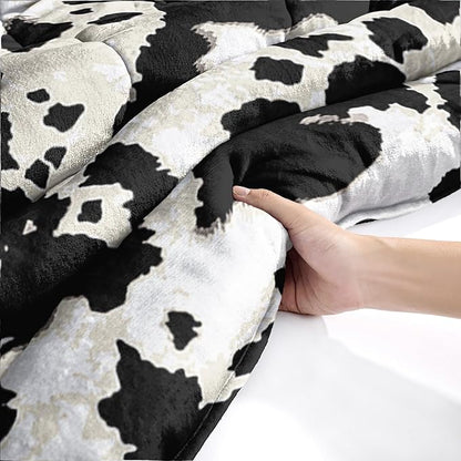 QOOMO Cow Stripes Sherpa Fleece Bedding Comforter Set Full Size 3 Pcs, Fluffy Warm Animal Texture Printing Comforter for Winter with 2 Pillow Shams, Flannel Thick Bedding Set