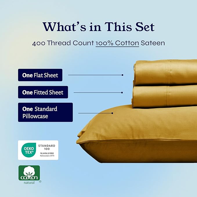 California Design Den Twin XL Sheet Sets - 400 Thread Count Sateen, 100% Cotton Sheets, Deep Pockets, and Durable Bedding for Dorm Rooms & Adults - Golden Mustard