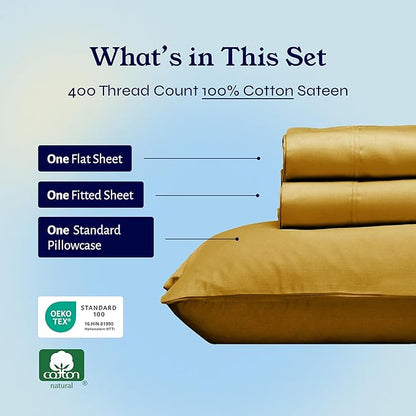 California Design Den Twin XL Sheet Sets - 400 Thread Count Sateen, 100% Cotton Sheets, Deep Pockets, and Durable Bedding for Dorm Rooms & Adults - Golden Mustard