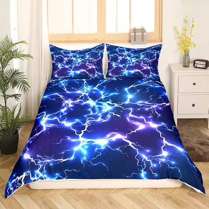 3D Game Flash Duvet Cover Full,Neon Blue Lightning Strike Bedding Set 3pcs for Kids Boys Teens Gamer Room Decor,Fashion Shiny Comforter Cover Modern Gaming Cool Quilt Cover with 2 Pillowcases