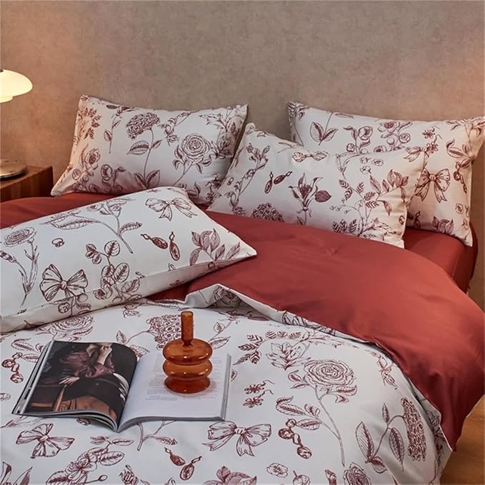 Floral Duvet Cover Queen Size Bow Red Flower Bedding Set 3 Pieces Girls Women Men Botanical Vintage Floral Duvet Cover with 2 Pillowcases