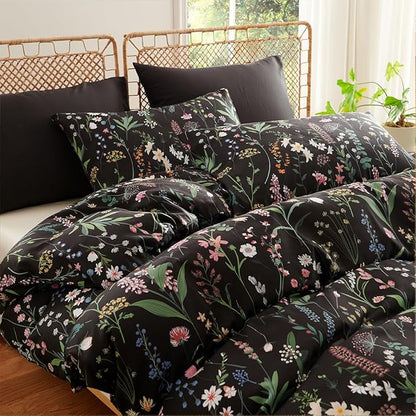 Floral Duvet Cover Full Black 3 Pieces Elegant Botanical Flower Bedding Set Farmhosue Aesthetic Bedding Soft Microfiber Duvet Cover Set with 2 Pillowcases
