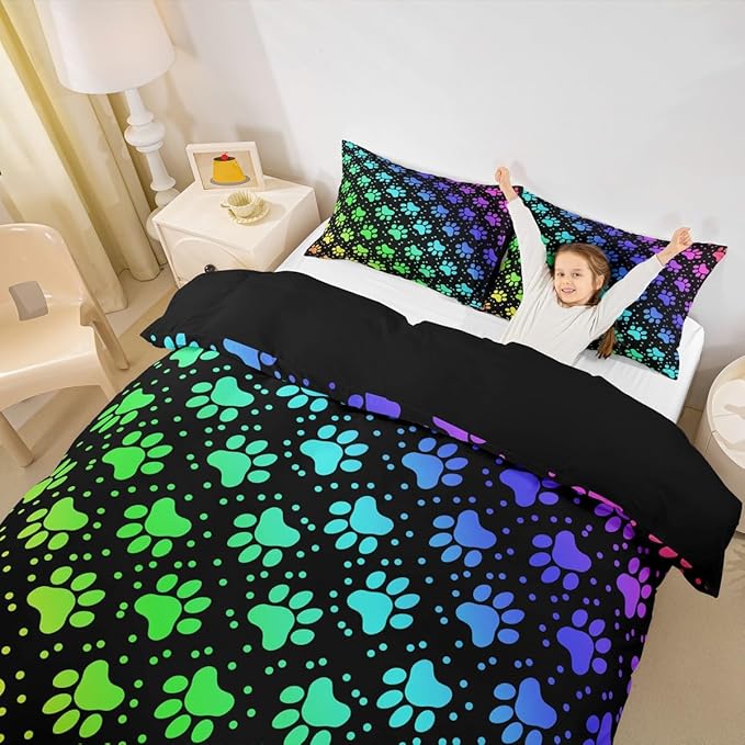 Castle Fairy Dog Paw Print Duvet Cover Set Full Size,Rainbow Gradient Puppy Paw for Dog Lover Comforter Cover with 2 Pillowcases,Funny Pets Animal Breathable Bedspread for Boys Teens Present, Soft