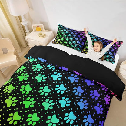 Castle Fairy Dog Paw Print Duvet Cover Set Full Size,Rainbow Gradient Puppy Paw for Dog Lover Comforter Cover with 2 Pillowcases,Funny Pets Animal Breathable Bedspread for Boys Teens Present, Soft