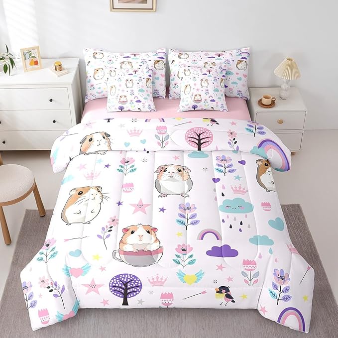 Erosebridal 7Pcs Floral Guinea Pig Kids Bedding Set for Boys,Full Size Comforter Set with Sheets and Pillowcase,7Pcs Bed in a Bag,Cartoon Animal Children Bed Set, Cute Flower Comforter