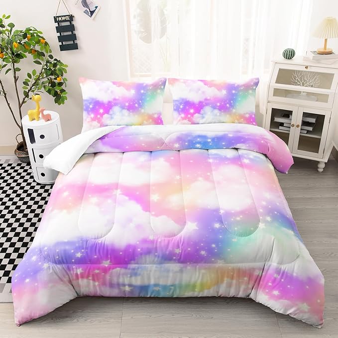 Rainbow Cloud Sky Kids Bedding Set Glitter Golden Stars Comforter 3Pcs Queen Tie Dye Art Quilt Set for Kids Teens Girls Boys Bed Set with 1 Comforter and 2 Pillowcases