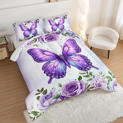 Beautiful Butterfly Bedding Comforter Set Twin Size,Blossoming Flowers Pattern Bedding Set for Kids Girls Toddlers Room Decor,Nature Insect Themed Bed Comforter Sets with 2 Pillowcases.