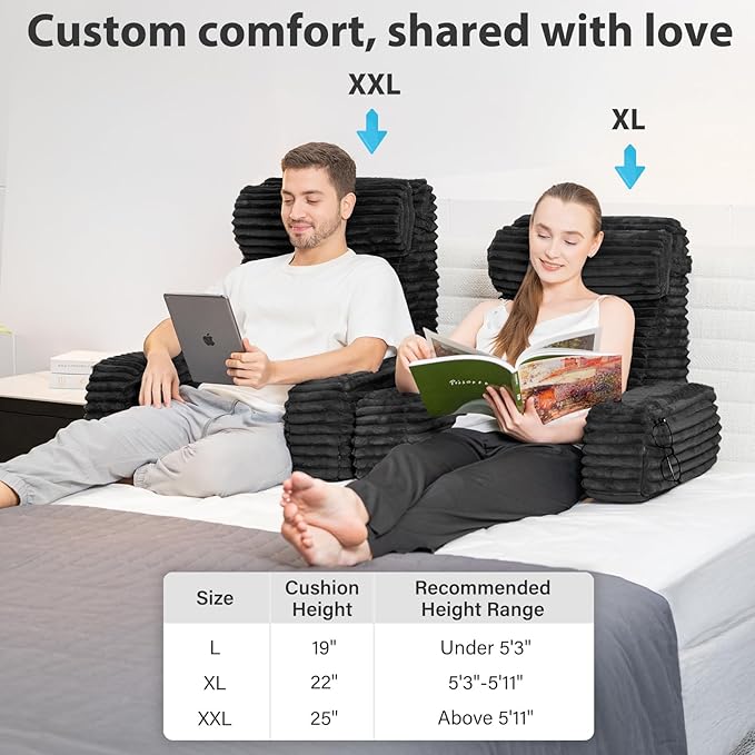 ENITYA 22" XL Back Pillow for Bed Sitting up, Built-in Arms & Big Pockets, Reading Pillow for Sitting in Bed Adult, Ideal for Sitting up/Watching TV/Reading/Gaming/Resting/Post Surgery, Black