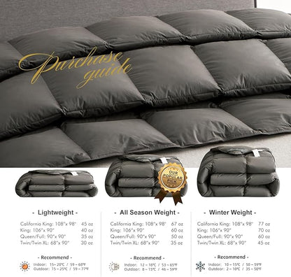 Royoliving Premium Feathers Down Comforter 100% Cotton Cover Duvet Insert with Corner Tabs (Charcoal Grey, King All Season)