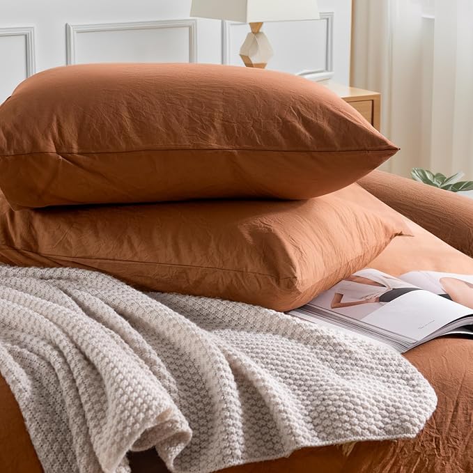 NEXHOME PRO Duvet Cover Set 100% Washed Cotton California King 104"x98", Organic Natural Linen Look Textured 3 Pieces Bedding Set Terracotta Burnt Orange with Zipper Closure, Soft(No Comforter)