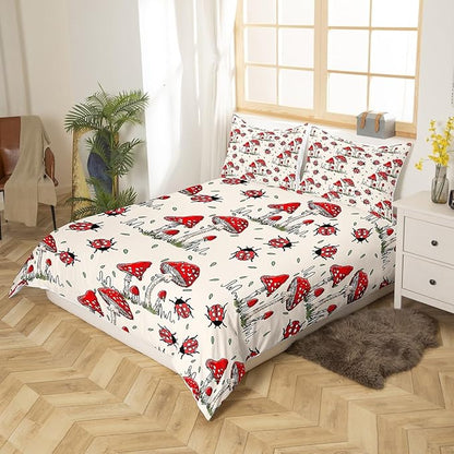 Castle Fairy Wild Mushroom Bedding Set Full Size,Cute Ladybug Duvet Cover 3pcs Kids Teens Rustic Hand Drawn Comforter Girls Boys Room Decor,Nature Animals Plants Quilt Cover,2 Pillowcases,Red Khaki