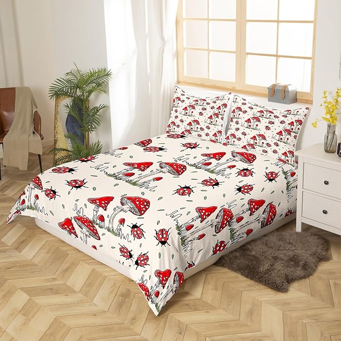 Wild Mushroom Duvet Cover Set Queen Size,Cute Ladybug Bedding Set 3pcs Kids Teens Rustic Hand Drawn Comforter Cover Girls Boys Room Decor,Nature Animals Plants Quilt Cover,2 Pillowcases,Red Khaki
