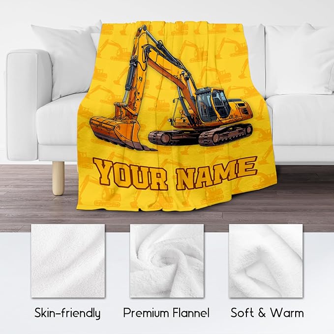Personalized Blankets for Kids, Cozy Soft Excavator Throw Gifts for Boys, Yellow Flannel Construction Blankets for Couch Office, 30x40 Inches