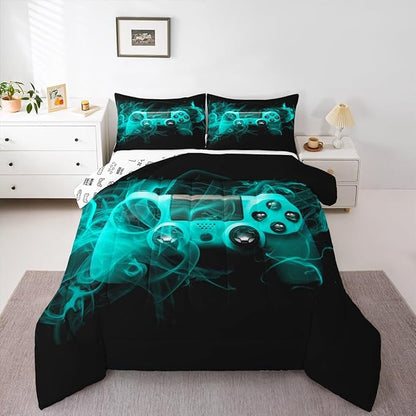 Feelyou Kids Gamer Comforter Set Toddler Size Teens Gamepad Bedroom Decor for Boys Girls Video Game Controller Bedding Set Youth Gaming Console Comforter Blue Black with 1 Pillow Case