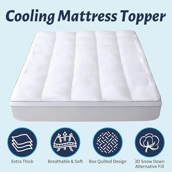 Mattress Topper with Deep Pocket, Extra Thick Pillow Top Mattress Pad, Breathable & Cooling Mattress Cover, Fits 8-21 Inch, Soft Support for Back Pain Relief, Mattress Protector (Full, White)