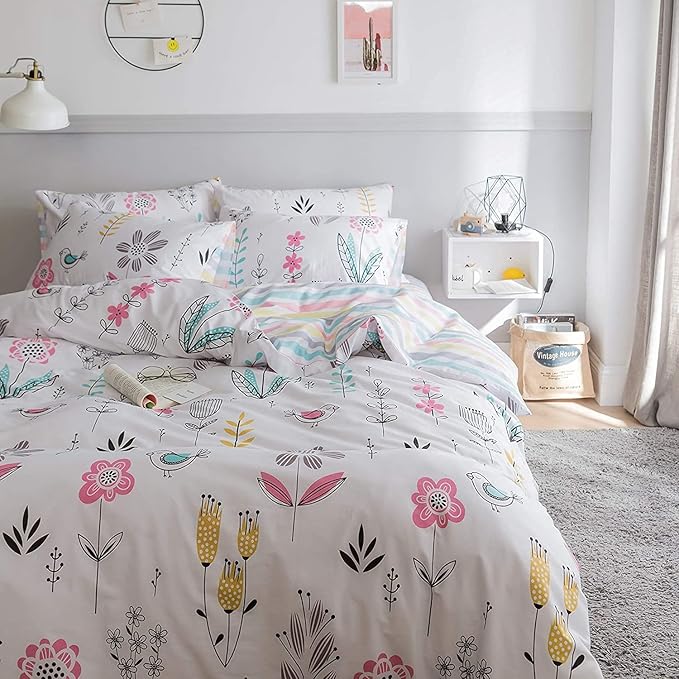 BuLuTu Floral Bird Print Pattern Girls Duvet Cover Twin White Premium Cotton Nature Blossom Colorful Reversible Kids Bedroom Comforter Cover Bedding Sets for Teen Toddler,Zipper Closure