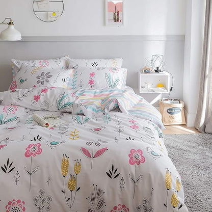 BuLuTu Floral Bird Print Pattern Girls Boys Duvet Covers Queen White Premium Cotton Nature Blossom Colorful Reversible Kids Bedroom Comforter Cover Full Bedding Sets for Teen Toddler,Zipper Closure