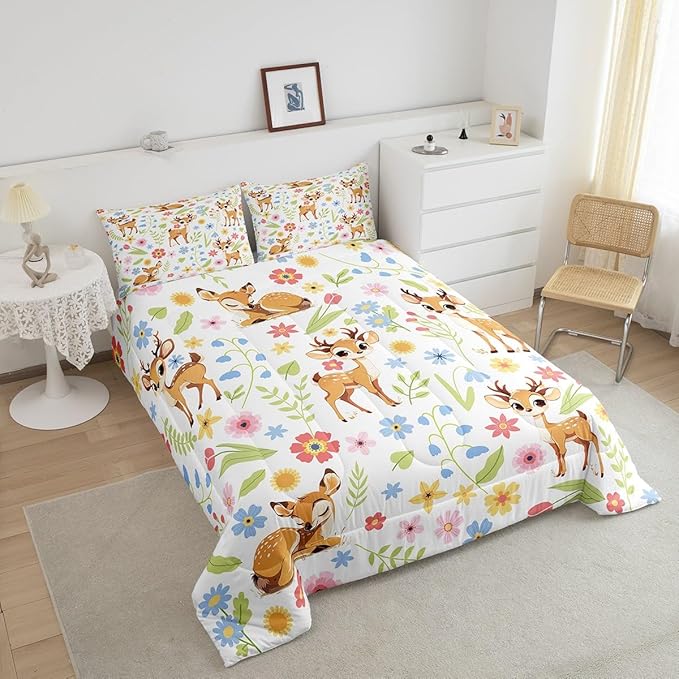 jejeloiu Cute Sika Deer Bedding Set King Size Cute Flower Comforter Set for Kids Adult Boys Girls Cartoon Animal Duvet Set Colorful Quilt Set 3Pcs