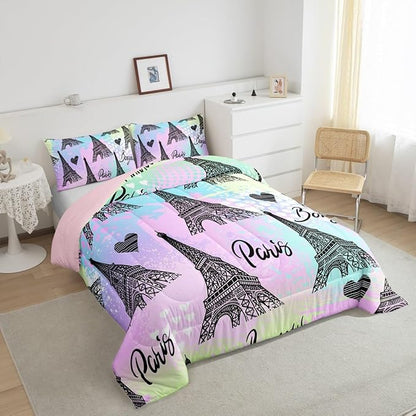 Eiffel Tower Comforter Set King,Rainbow Watercolor Tie Dye Quilt Set Romantic Graffiti City View Bedding Set for Kids Teens Adults Room Decor,Black Sketch Paris Themed Duvet Insert,2 Pillowcases